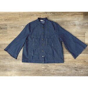 Easel Sz S Blue White Chambray Denim Railroad Striped Bell Sleeve Frayed Jacket
